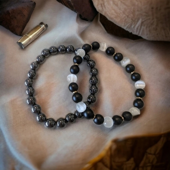 2 Piece Bracelet Stack - Hematite & Opal Bracelets - 8mm Unisex - Picture 1 of 3